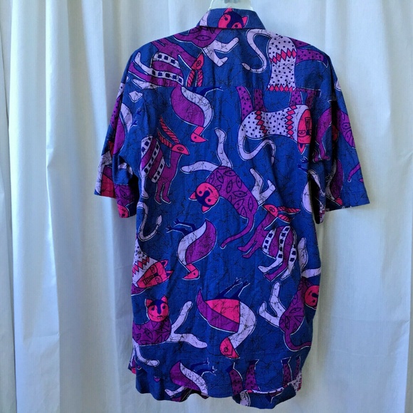 Shirt & Shorts SET Vintage 90s Cats Print Purple Pink Primitive Art Swim Beach M - Picture 7 of 11